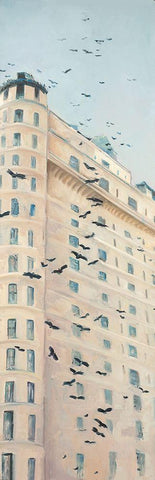 BIRDS FLYING IN FRONT OF A BUILDING Black Ornate Wood Framed Art Print with Double Matting by Atelier B Art Studio