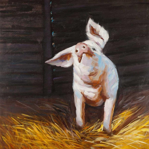 Happy Pig White Modern Wood Framed Art Print with Double Matting by Atelier B Art Studio