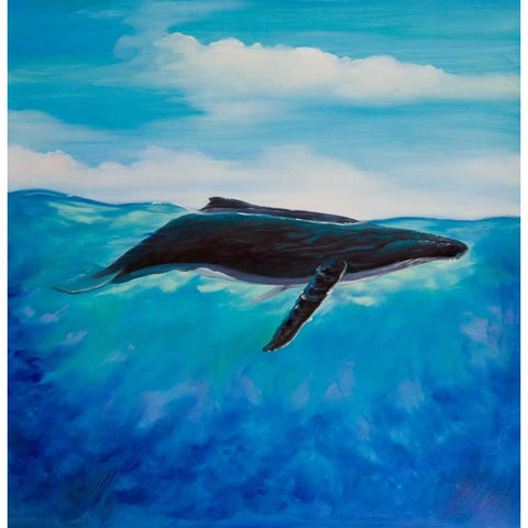 Blue Whale Black Modern Wood Framed Art Print with Double Matting by Atelier B Art Studio