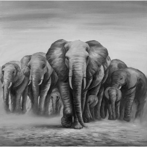 Herd Elephants White Modern Wood Framed Art Print by Atelier B Art Studio