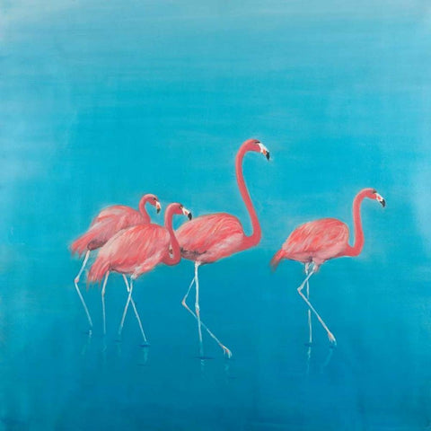 Four Flamingos White Modern Wood Framed Art Print with Double Matting by Atelier B Art Studio