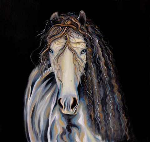 Abstract Horse with Curly Mane White Modern Wood Framed Art Print with Double Matting by Atelier B Art Studio