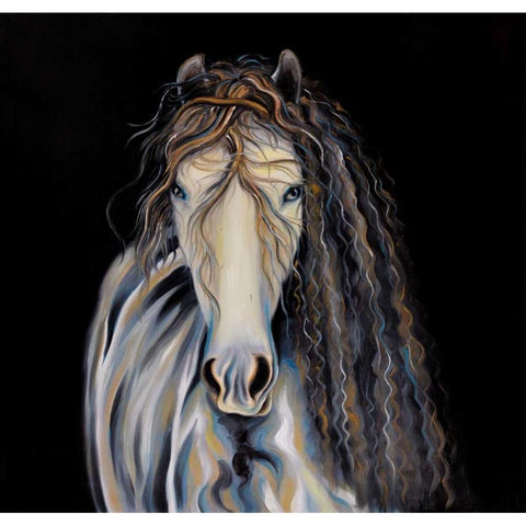 Abstract Horse with Curly Mane Black Modern Wood Framed Art Print with Double Matting by Atelier B Art Studio