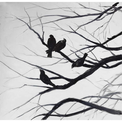 Birds and Branches Silhouette White Modern Wood Framed Art Print by Atelier B Art Studio