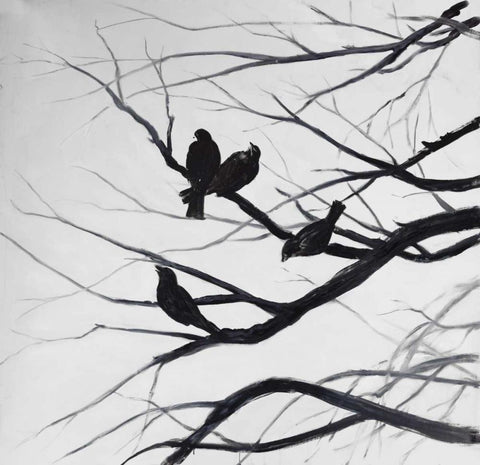 Birds and Branches Silhouette Black Ornate Wood Framed Art Print with Double Matting by Atelier B Art Studio