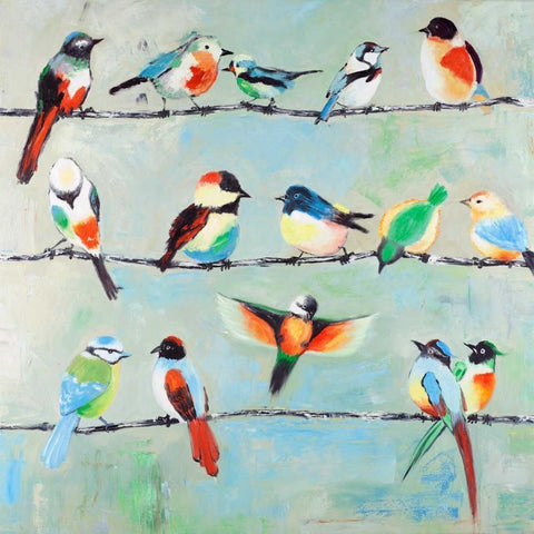 Small Abstract Colorful Birds White Modern Wood Framed Art Print by Atelier B Art Studio