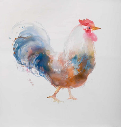 Watercolor Rooster White Modern Wood Framed Art Print with Double Matting by Atelier B Art Studio