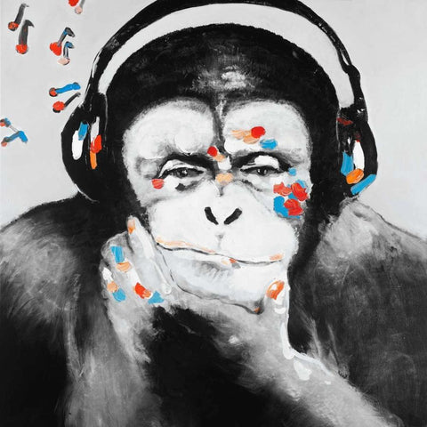 Monkey with Headphones White Modern Wood Framed Art Print with Double Matting by Atelier B Art Studio