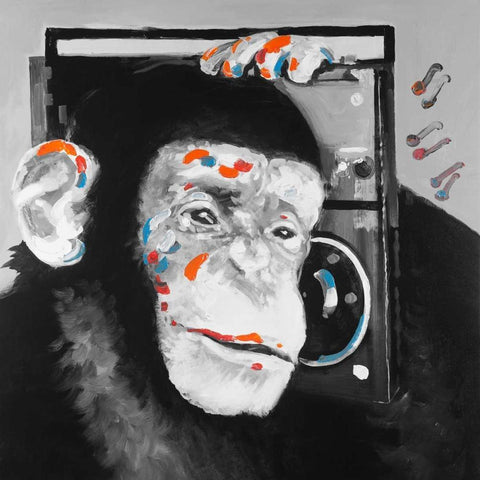 Monkey Listening to Radio Black Ornate Wood Framed Art Print with Double Matting by Atelier B Art Studio