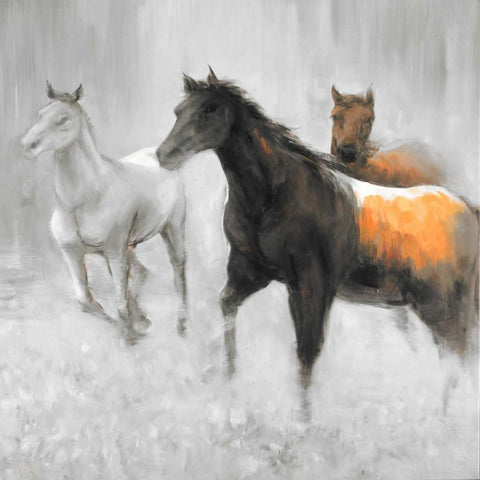 Abstract Herd of Horses White Modern Wood Framed Art Print with Double Matting by Atelier B Art Studio