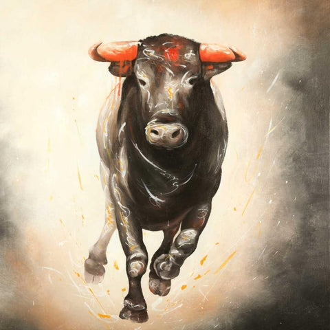 Bull Running Black Modern Wood Framed Art Print with Double Matting by Atelier B Art Studio