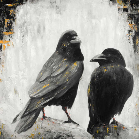 Two Crows Birds White Modern Wood Framed Art Print with Double Matting by Atelier B Art Studio