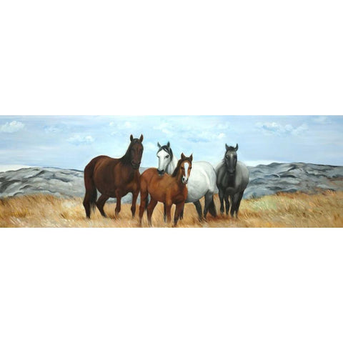 Group of Wild Horses Black Modern Wood Framed Art Print with Double Matting by Atelier B Art Studio