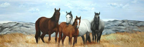 Group of Wild Horses White Modern Wood Framed Art Print with Double Matting by Atelier B Art Studio