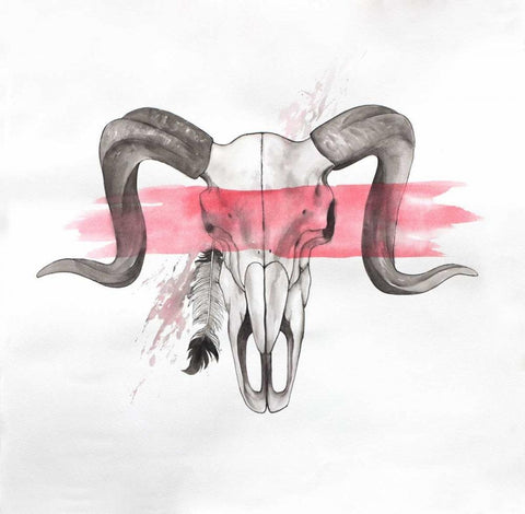 Sheep Ram Skull Horns in Watercolor White Modern Wood Framed Art Print with Double Matting by Atelier B Art Studio