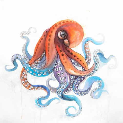 Watercolor Octupus White Modern Wood Framed Art Print by Atelier B Art Studio