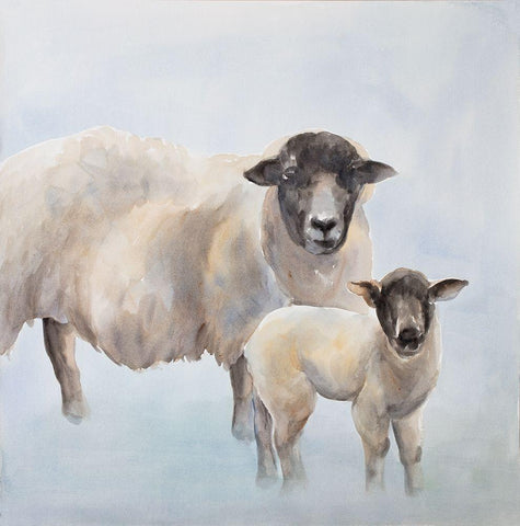 Sheep with a Lamb White Modern Wood Framed Art Print with Double Matting by Atelier B Art Studio