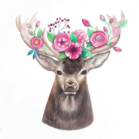 DEER HEAD WITH FLOWERS White Modern Wood Framed Art Print with Double Matting by Atelier B Art Studio