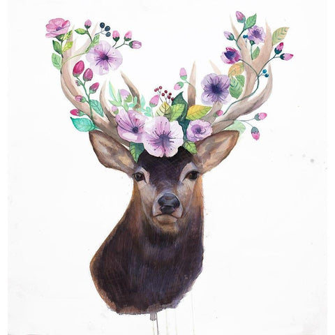 ROE DEER HEAD WITH FLOWERS White Modern Wood Framed Art Print by Atelier B Art Studio