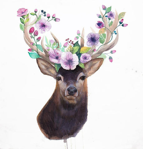 ROE DEER HEAD WITH FLOWERS White Modern Wood Framed Art Print with Double Matting by Atelier B Art Studio