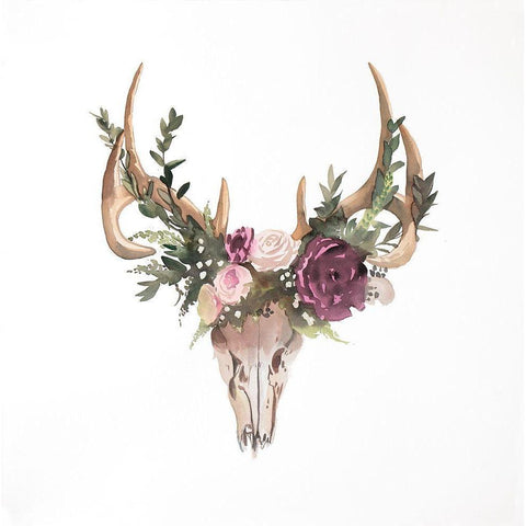 Deer Skull with Flowers Black Modern Wood Framed Art Print with Double Matting by Atelier B Art Studio