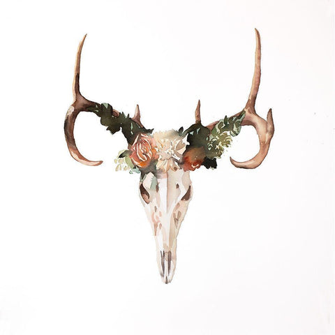 Deer Skull with Roses Gold Ornate Wood Framed Art Print with Double Matting by Atelier B Art Studio