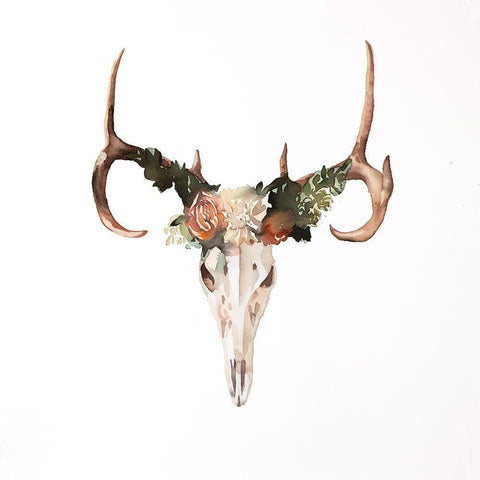 Deer Skull with Roses White Modern Wood Framed Art Print with Double Matting by Atelier B Art Studio