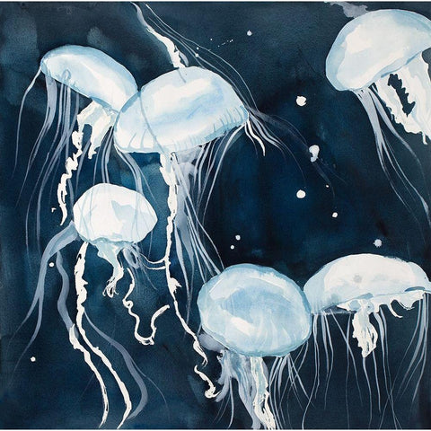 Pelagia Noctiluca Jellyfishes Black Modern Wood Framed Art Print with Double Matting by Atelier B Art Studio