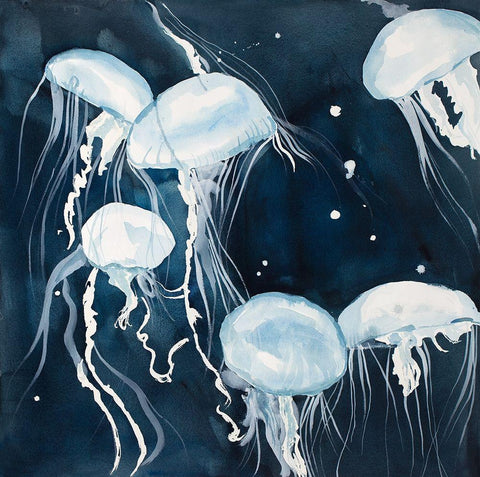 Pelagia Noctiluca Jellyfishes Black Ornate Wood Framed Art Print with Double Matting by Atelier B Art Studio