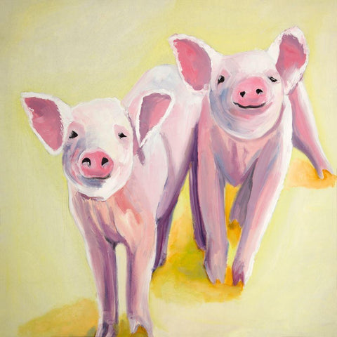 TWO SMILING PIGS White Modern Wood Framed Art Print by Atelier B Art Studio