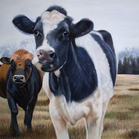 TWO COWS EATING GRASS Black Modern Wood Framed Art Print with Double Matting by Atelier B Art Studio