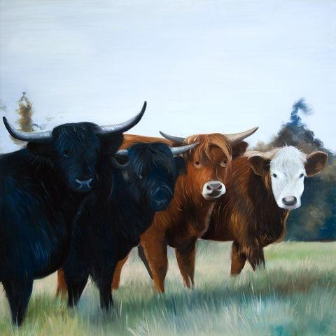 FOUR HIGHLAND COWS Black Ornate Wood Framed Art Print with Double Matting by Atelier B Art Studio