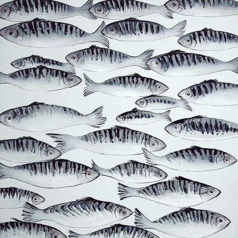 GRAY SHOAL OF FISH Black Ornate Wood Framed Art Print with Double Matting by Atelier B Art Studio