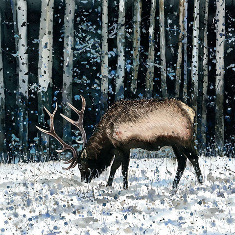 CARIBOU IN THE WINTER FOREST Gold Ornate Wood Framed Art Print with Double Matting by Atelier B Art Studio