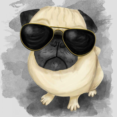 Pug with Sunglasses White Modern Wood Framed Art Print by Atelier B Art Studio