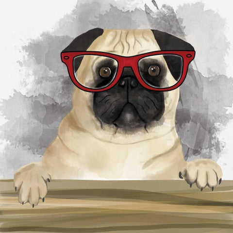 Pug with Glasses Gold Ornate Wood Framed Art Print with Double Matting by Atelier B Art Studio