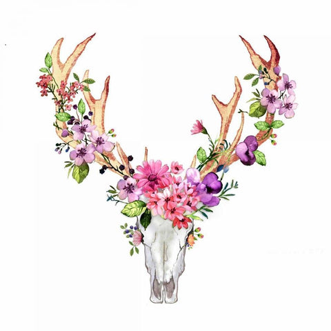 Deer Skull with Flowers  Gold Ornate Wood Framed Art Print with Double Matting by Atelier B Art Studio