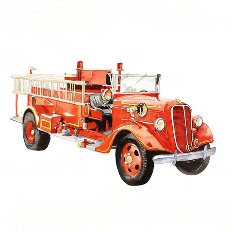 VINTAGE FIRE TRUCK White Modern Wood Framed Art Print with Double Matting by Atelier B Art Studio