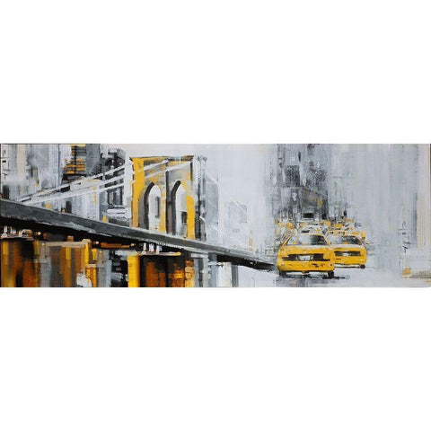 YELLOW BROOKLYN BRIDGE WITH TAXIS Black Modern Wood Framed Art Print with Double Matting by Atelier B Art Studio