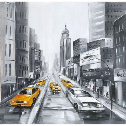 GRAYSCALE STREET WITH YELLOW CARS Black Modern Wood Framed Art Print with Double Matting by Atelier B Art Studio