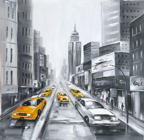 GRAYSCALE STREET WITH YELLOW CARS White Modern Wood Framed Art Print with Double Matting by Atelier B Art Studio