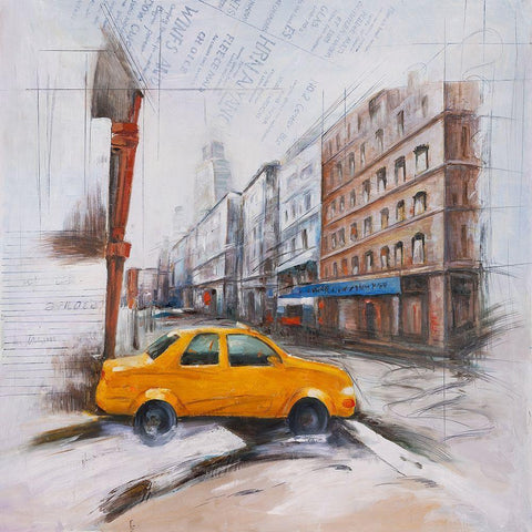 Taxi in the street sketch Gold Ornate Wood Framed Art Print with Double Matting by Atelier B Art Studio