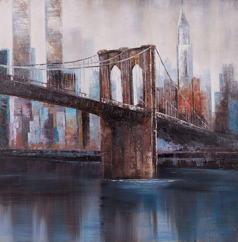 BROWN AND BLUE BROOKLYN BRIDGE Black Ornate Wood Framed Art Print with Double Matting by Atelier B Art Studio