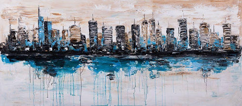 ABSTRACT CITY WITH REFLECTION ON WATER Black Ornate Wood Framed Art Print with Double Matting by Atelier B Art Studio