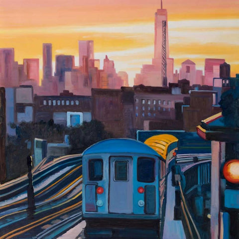 Sunset Over the Subway in New-York White Modern Wood Framed Art Print with Double Matting by Atelier B Art Studio