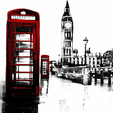 Telephone Box and Big Ben of London White Modern Wood Framed Art Print by Atelier B Art Studio