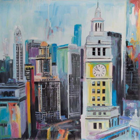 Colorful Cityscape of Manhattan White Modern Wood Framed Art Print with Double Matting by Atelier B Art Studio