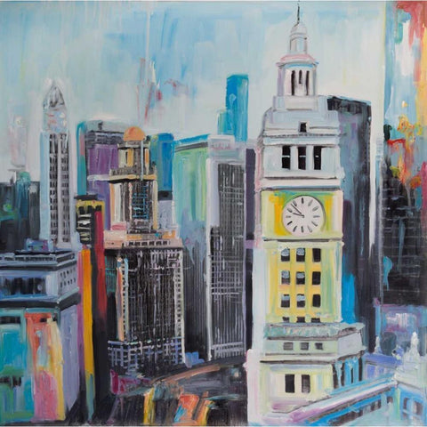 Colorful Cityscape of Manhattan Black Modern Wood Framed Art Print with Double Matting by Atelier B Art Studio