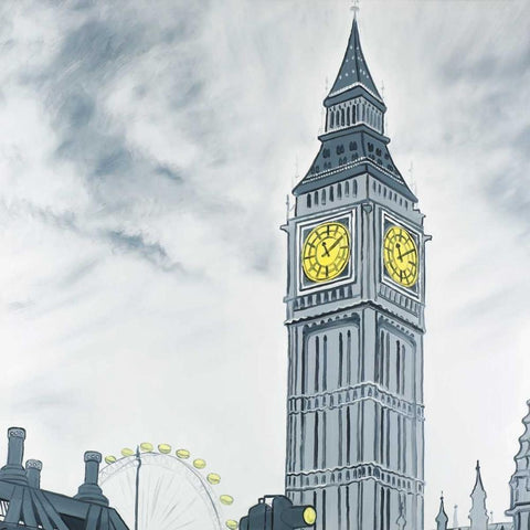 Outline of Big Ben in London White Modern Wood Framed Art Print with Double Matting by Atelier B Art Studio