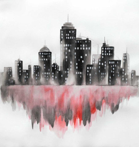 Red Watercolor Cityscape White Modern Wood Framed Art Print with Double Matting by Atelier B Art Studio
